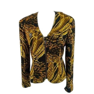 Joseph Ripkoff Top Jacket V Neck Jewelry Zipper Front Size 10 Black & Gold - Picture 1 of 8