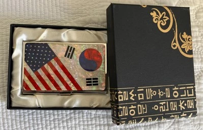 MOP Business Card Holder Case Mother-of-Pearl Korean American U.S. Flags Friends - Image 1 of 4