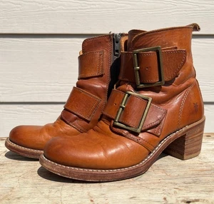 Distressed Frye Cognac Sabrina 6.5 M Double-Buckle Boots Brown Heels Booties - Picture 1 of 23