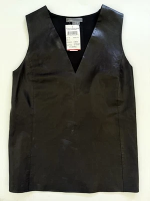 Vince Lamb Leather Sleeveless Top Black V Neck Size 2 NWT $495 Flawed  - Image 1 of 4