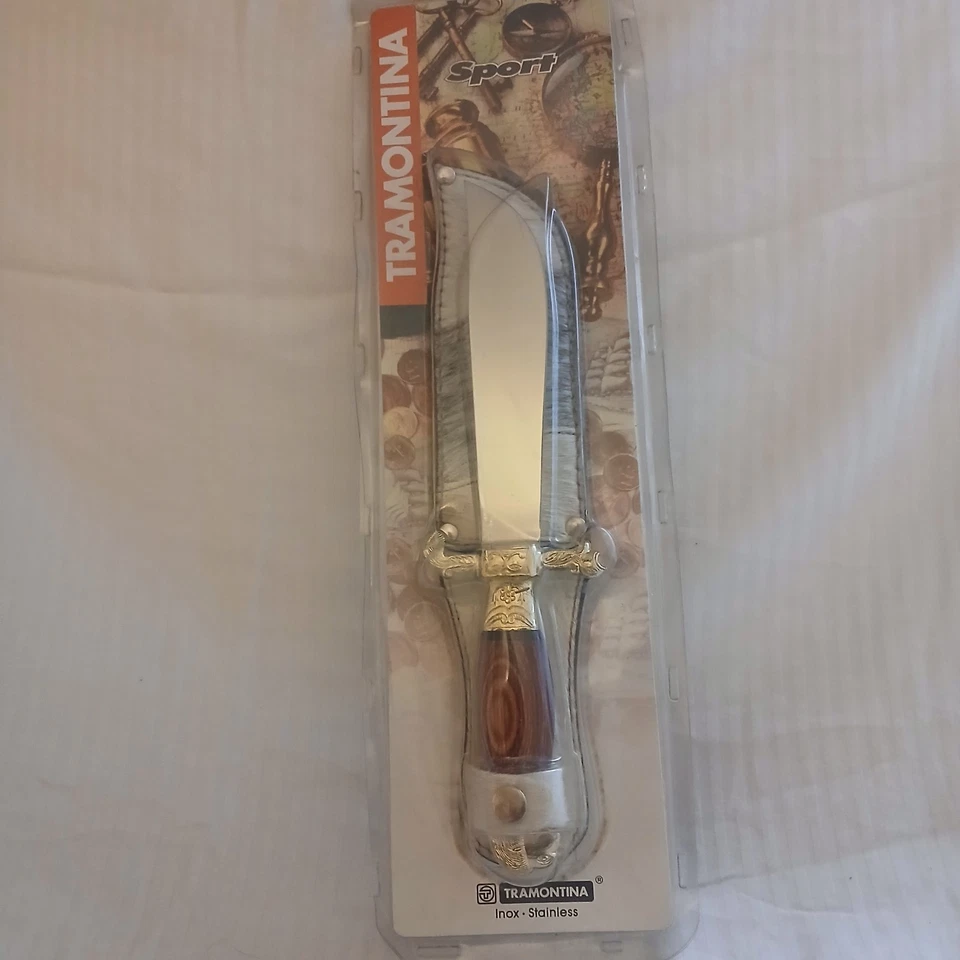 Cuchillo deportivo Tramontina Damasco hoja de 6" latón ornamentado mango de madera funda de cuero Foto 1 de 4