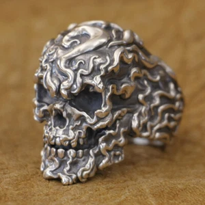 925 Sterling Silver Huge Fire Skull Punk Ring TA514A Biker Jewelry US Size 13 - Picture 1 of 12