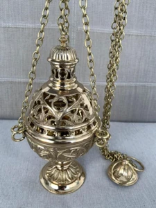 Traditional Triple Chain Brass Church Censer, Thurible w/Liner (Q395) chalice co - Picture 1 of 19