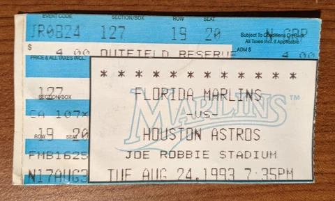 Miami Florida Marlins Ticket Stub 08-24-93 vs Astros Joe Robbie Stadium - Fast Cover