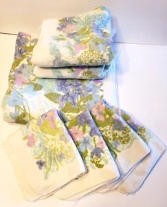 Vintage Lady Pepperell JC Penney MCM blau Blumenmuster Badetücher 7-teiliges Set - Bild 1 von 14