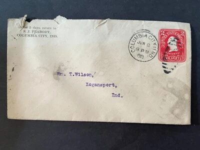 1903 SJ Peabody Columbia City Indiana Logansport Duplex Cancel 2 Cent Cover - Image 1 of 2