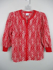 CAbi Lyric Top Medium rot weiß Häkel Ösen Style 6203 Puffärmel transparent - Bild 1 von 12