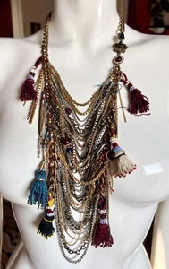NWT JUICY COUTURE MULTI CHAIN STATEMENT NECKLACE WITH TASSELS & CABOCHONS - Picture 1 of 11