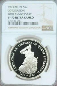 1993 BELIZE SILVER 2 DOLLARS CORONATION ANNIVERSARY NGC PF 70 ULTRA CAMEO POP 1 - Picture 1 of 4