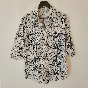 Vintage Blouse Womens Shirt Top Size 14 White Black Geo Smart Work Boho - Picture 1 of 6