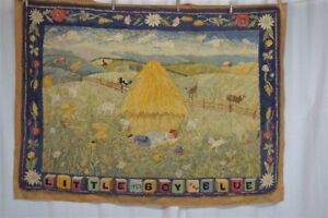 rug wool hooked scatter 1953 PHP folk art sheep cows nursery rhyme antique 