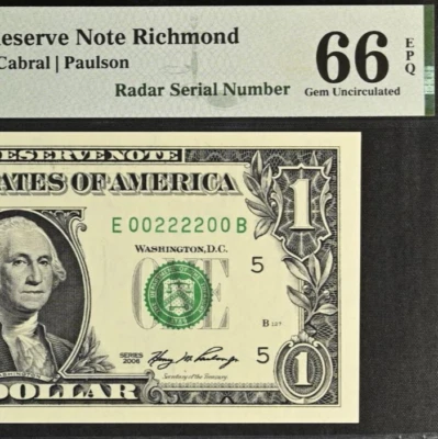 2006 $1 Federal Reserve Note PMG 66EPQ Double Quad Radar Serial Number 00222200 - Image 1 of 3