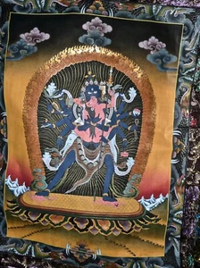 Vintage Tibetan Buddhist Thangka - Yamāntaka & Vajravetali with Silk Border - Picture 1 of 12