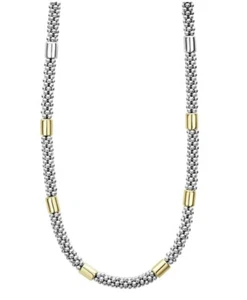 $2000 Lagos High Bar Two-Tone Station Caviar Necklace 18k Gold & Silver | 5mm - Picture 1 of 10
