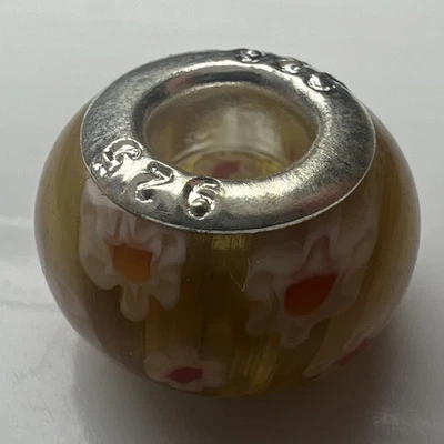 Conta de vidro de Murano prata esterlina 925 âmbar europeu vermelho flores Millefiori - Imagem 1 de 4