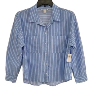 NWT Old Navy Shirt Womens L Blue White Striped Long Sleeve Classic Button Up - Picture 1 of 12