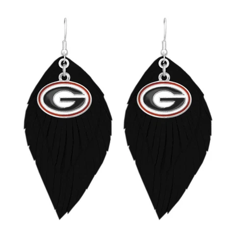 Georgia Bulldogs Black Red Boho Leather Feather Wire Earrings Jewelry Gift UGA Cover