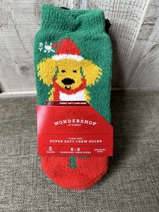 Wondershop Toddlers Super Soft Crew Fuzzy Socks Size 6-9 Puppy Santa Hat & Plaid - Picture 1 of 2