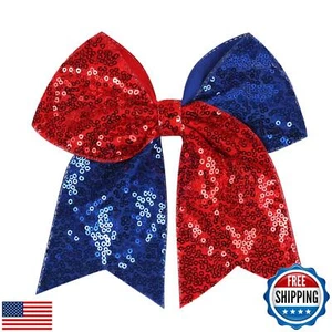 Jumbo Glitter Cheer Bow Clip - 7 Inch Large Cheerleading Sequin Hair Bow with - Picture 1 of 4