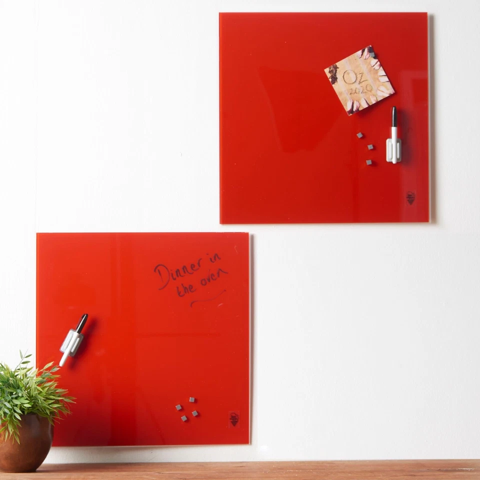 Red Magnetic Glass Notice Board Message Writing with Pen Wall Mounted Kitchen - Image 1 of 4