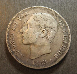 1885 Spain 5 Pesetas - Alfonso XII - * 90% Silver * - (P3945) - Picture 1 of 2