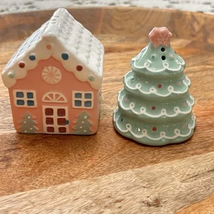 LANG Pastel Gingerbread House And Christmas Tree Salt And Pep Opened Box New - Picture 1 of 11
