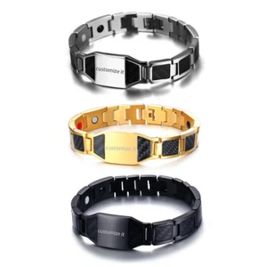 Men's Biker Stainless Steel Carbon Fiber Magnetic Bracelet Chain Free Engraving - Picture 1 of 19