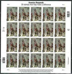 Mint US 2002 Semipostal - Heroes of 2001 Pane of 20 Stamps Scott# B2 (MNH) - Picture 1 of 1