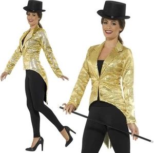 Ladies Gold Fancy Dress Tailcoat Sequin Jacket Cabaret Showman Outfit Smiffys - Picture 1 of 6