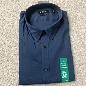 DKNY Men`s Slim Fit Strech Long Sleeve Dress Shirt (Navy &Black,XL) - Picture 1 of 3