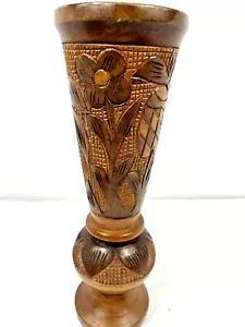 Vintage Hand Carved Wood 10" Bud Vase Floral Flowers Bohemian Teakwood EUC - Picture 1 of 8