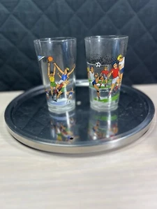 (2) Pair Vintage VMC Reims France Basketball And Soccer 4 1/2" Drinking Glass - Picture 1 of 13