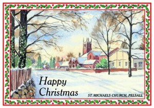 PELSALL ST MICHAELS CHURCH ARTISTS PAINTING GLOSSY CHRISTMAS CARD 8"x 6" - Picture 1 of 2