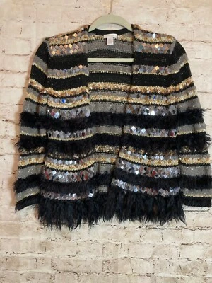 Suéter Chico's Mujer Pequeño Frente Abierto Cárdigan Espejo Cuentas Imitación Piel Flecos Foto 1 de 4