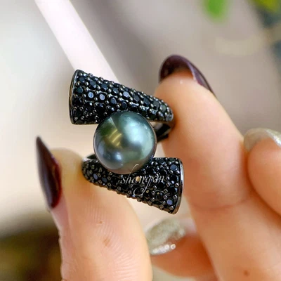 impresionante anillo de perlas verdes negras redondas tahitianas 925s(t) de 10-11 mm Foto 1 de 3