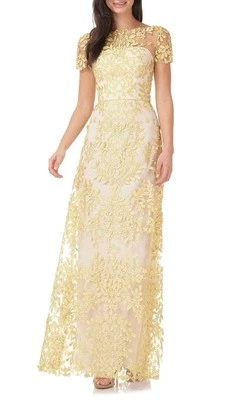 JS Collections - Illusion Neck Embroidered Mesh Dress Golden Yellow Nude Size 2 - Image 1 of 4