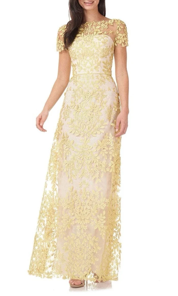 JS Collections - Illusion Neck Embroidered Mesh Dress Golden Yellow Nude Size 2 - Image 1 of 4