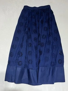 J Crew Eyelet Midi Skirt Size XS Petite Navy Blue Floral A Line Pull On Cotton - Picture 1 of 9