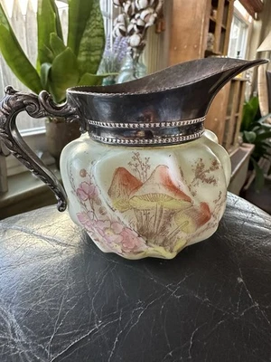 1890s CF Monroe Wave Crest Creamer Cream Pitcher Antique Opalware Mushrooms RaRE - Image 1 of 4