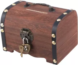 Piggy Bank: Vintage Wood Treasure Chest Rustic Small Wooden Box Decorative Coin - Picture 1 of 12