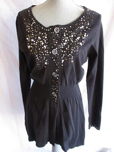 Cynthia Rowley Long Black Button Up Tunic Sweater Sequins Pearls & Clear Buttons - Picture 1 of 10