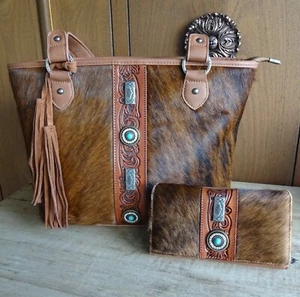 Trinity Ranch Hair On Cowhide Leather Tote Bag Purse w/Clutch Wallet - Picture 1 of 18