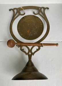Vintage Beautifully Etched Brass Gong with Stand and Striker Dinner Gong damaged - Picture 1 of 10