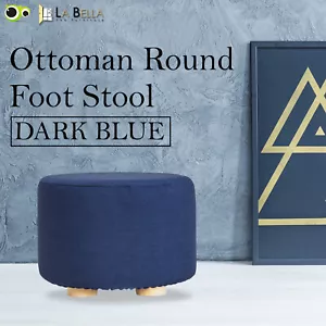 Fabric Ottoman Round Foot Stool Rest Pouffe Wooden Leg Padded Seat - DARK BLUE - Picture 1 of 12