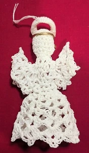 Vtg  Angel Ornament Starched White Crochet Christmas Wings Gold Halo Handmade  - Picture 1 of 4