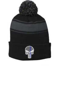Thin Blue Line Skull Police Law Cop American Flag Winter Beanie BLACK Pom Pom - Picture 1 of 1