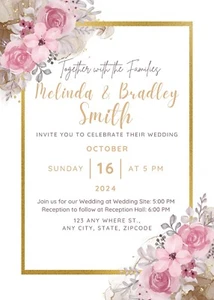 Bedruckbare personalisierte Aquarell Blumen Gold Hochzeit Einladung Digital Weiß - Bild 1 von 3