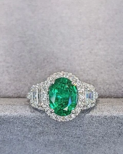 Anillo de compromiso de diamantes esmeraldas naturales ovalados de 3,29 quilates de oro blanco real de 14 quilates talla 6 - Imagen 1 de 7