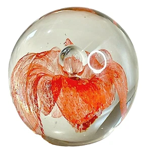 Orange Flower Controlled Bubble Art Glass Paperweight 2.5 Inch - Picture 1 of 7