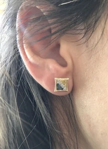 14k gold diamonds Studs earrings Dark Green, Yellow &White Real Diamonds 8mm - Picture 1 of 12